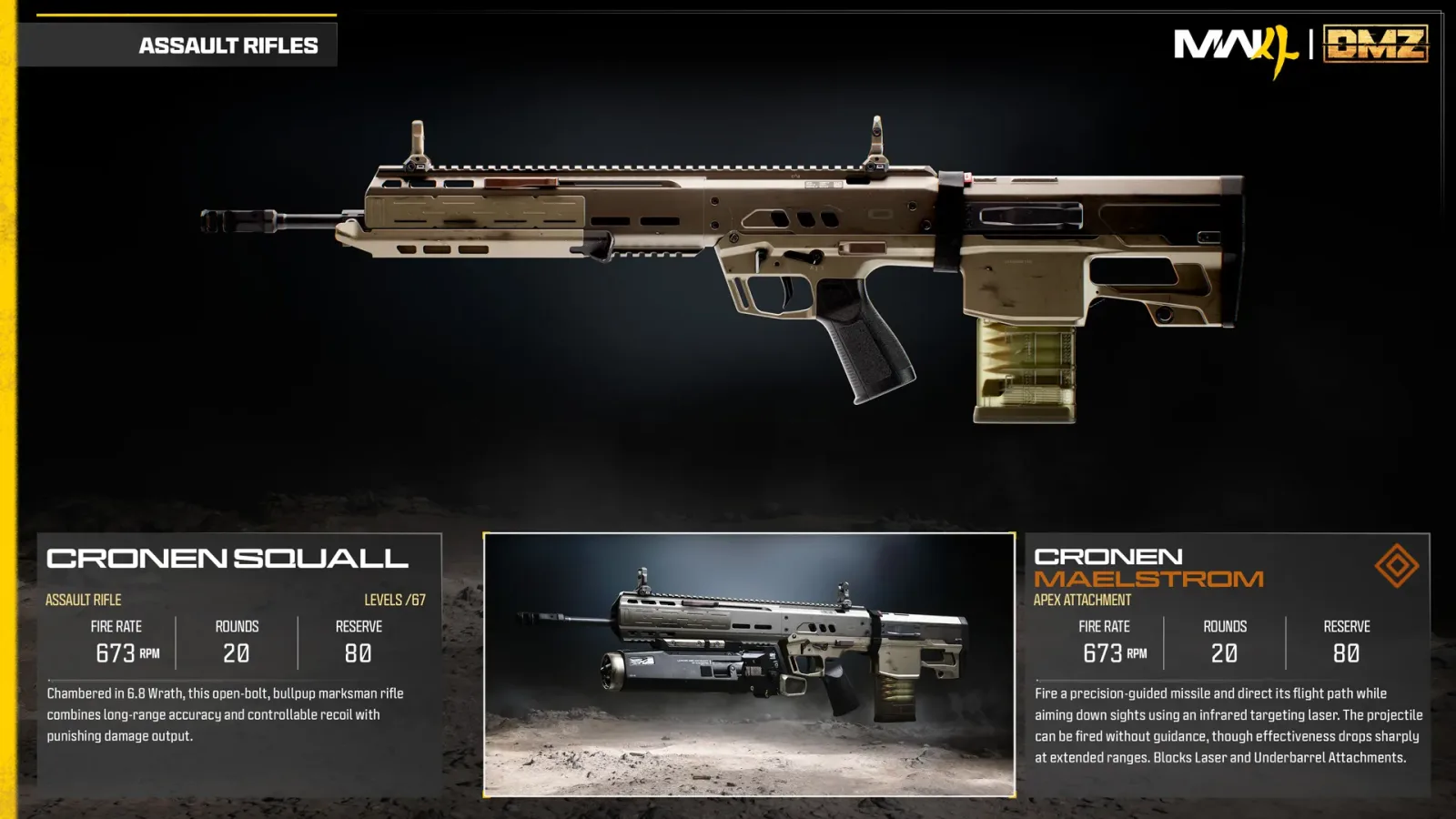 Official Modern Warfare 4 weapon card for the Cronen Squall