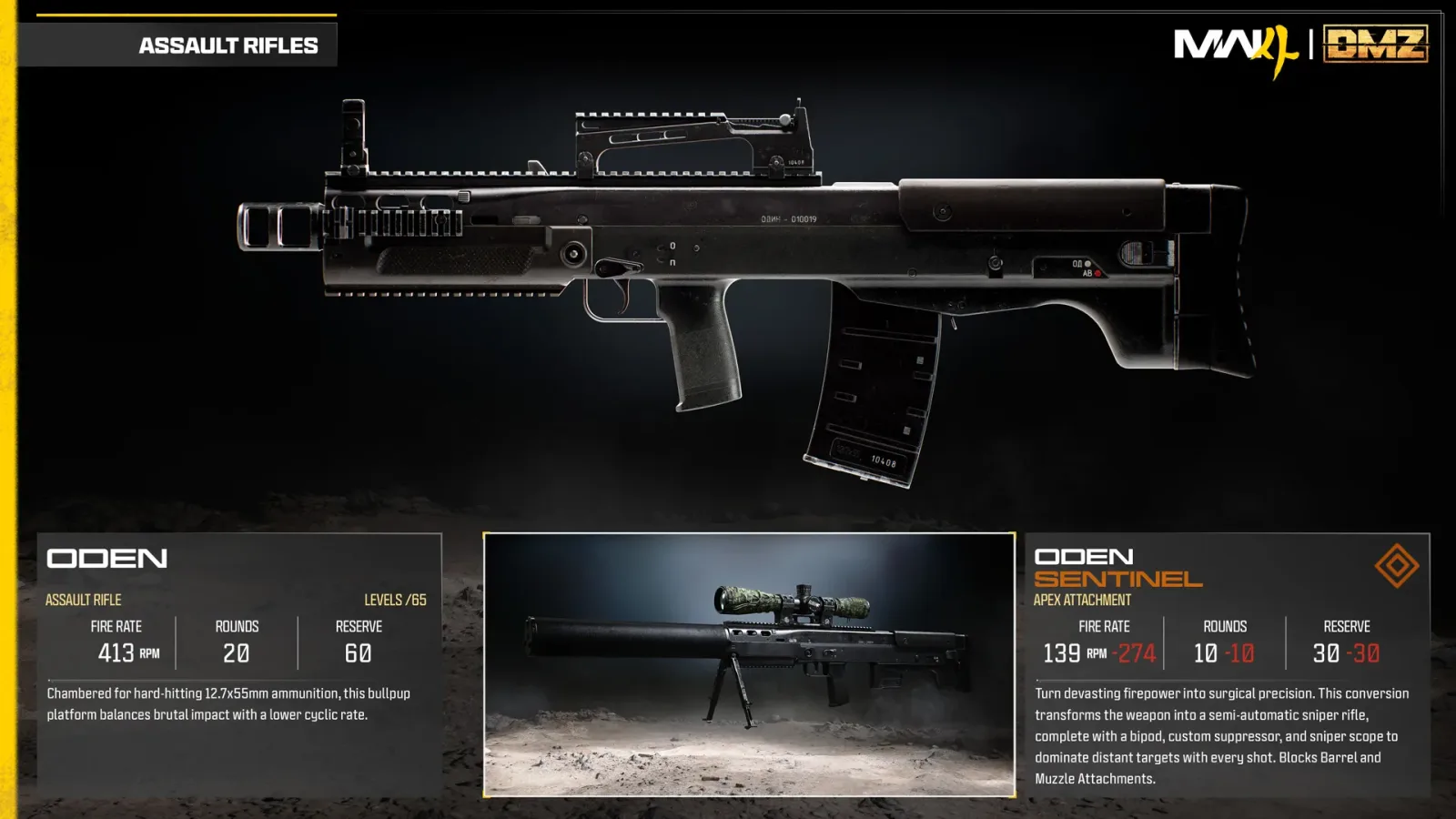 Official Modern Warfare 4 weapon card for the Oden