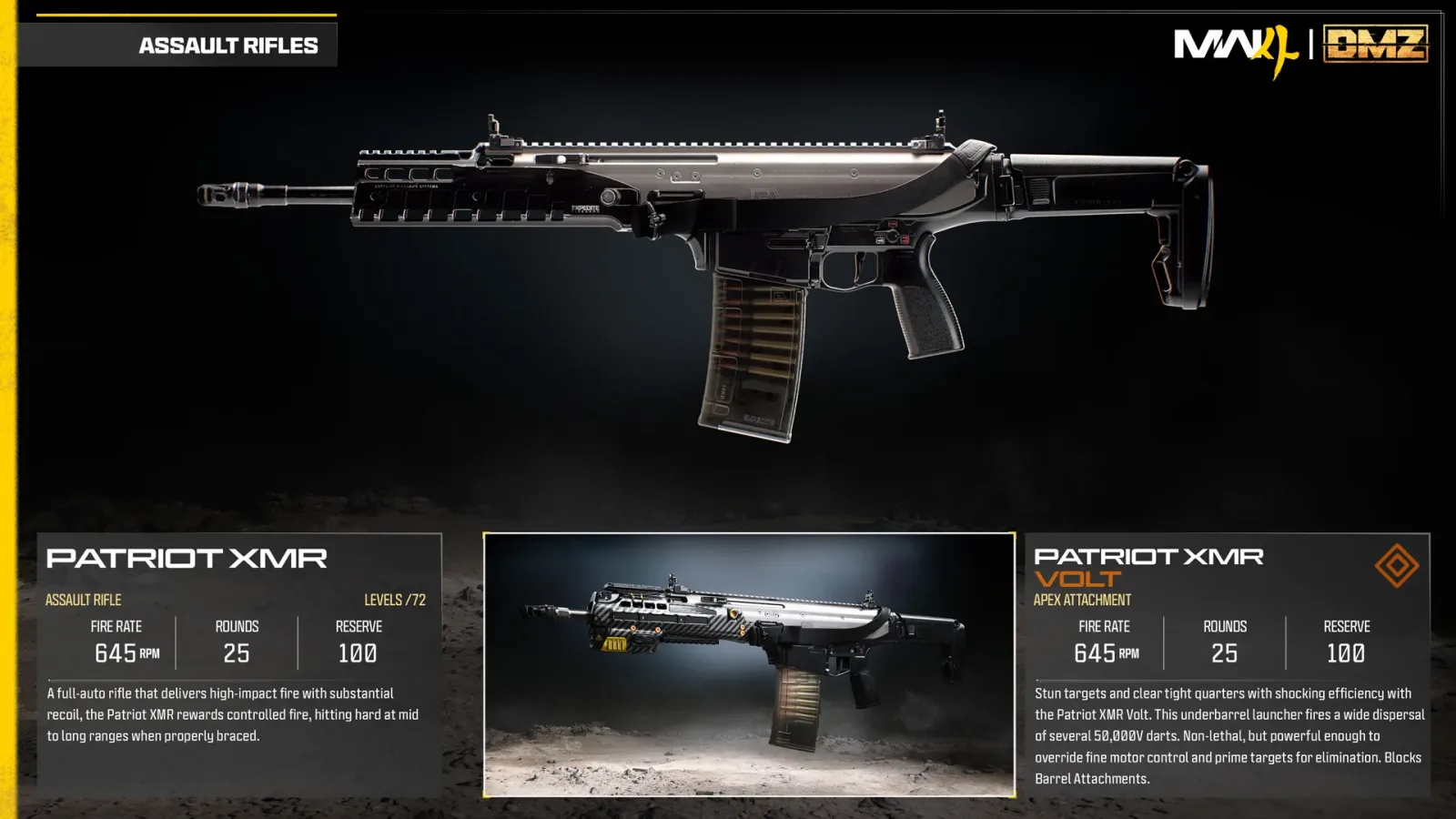 Official Modern Warfare 4 weapon card for the Patriot XMR