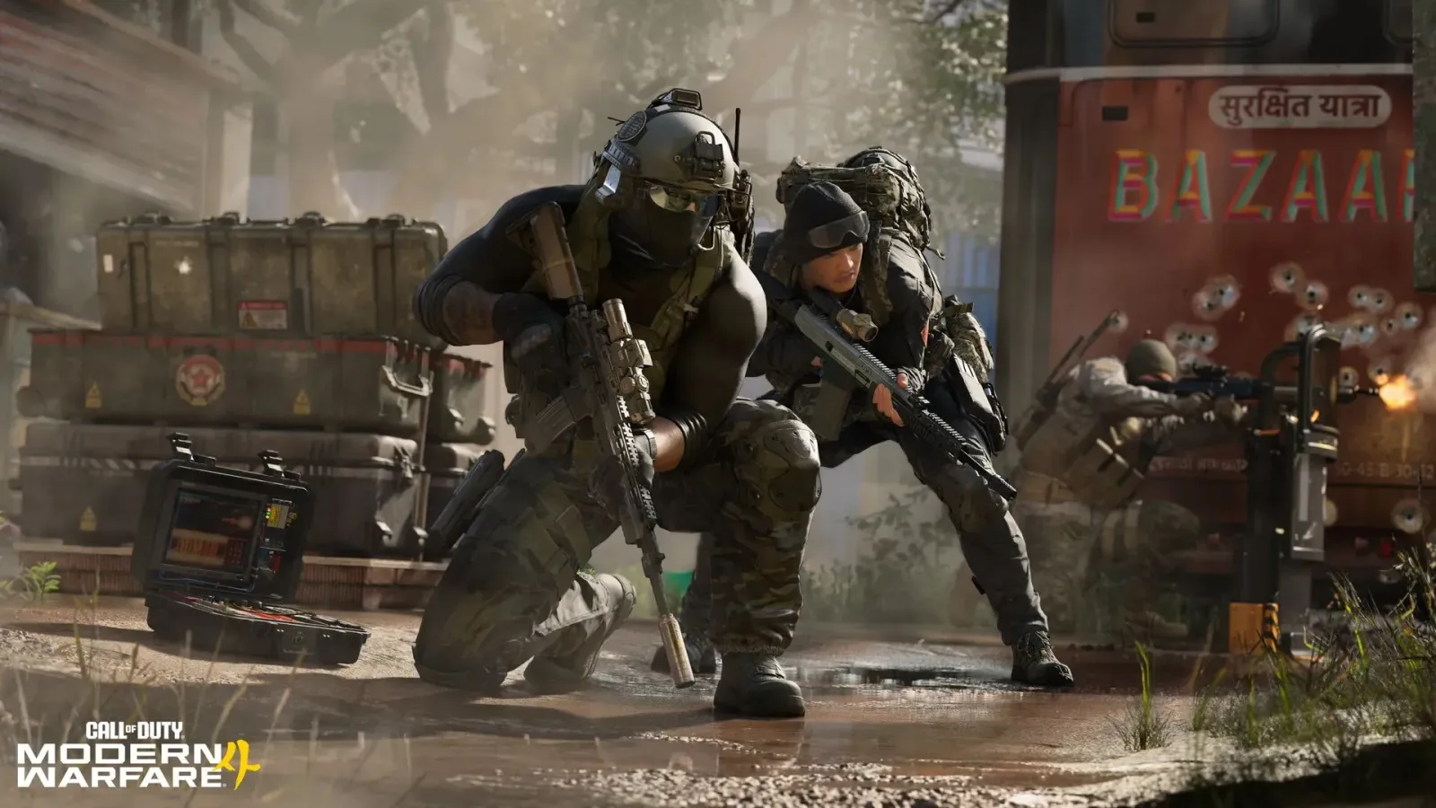 Search and Destroy match in Modern Warfare 4 with an operator moving toward a bomb site