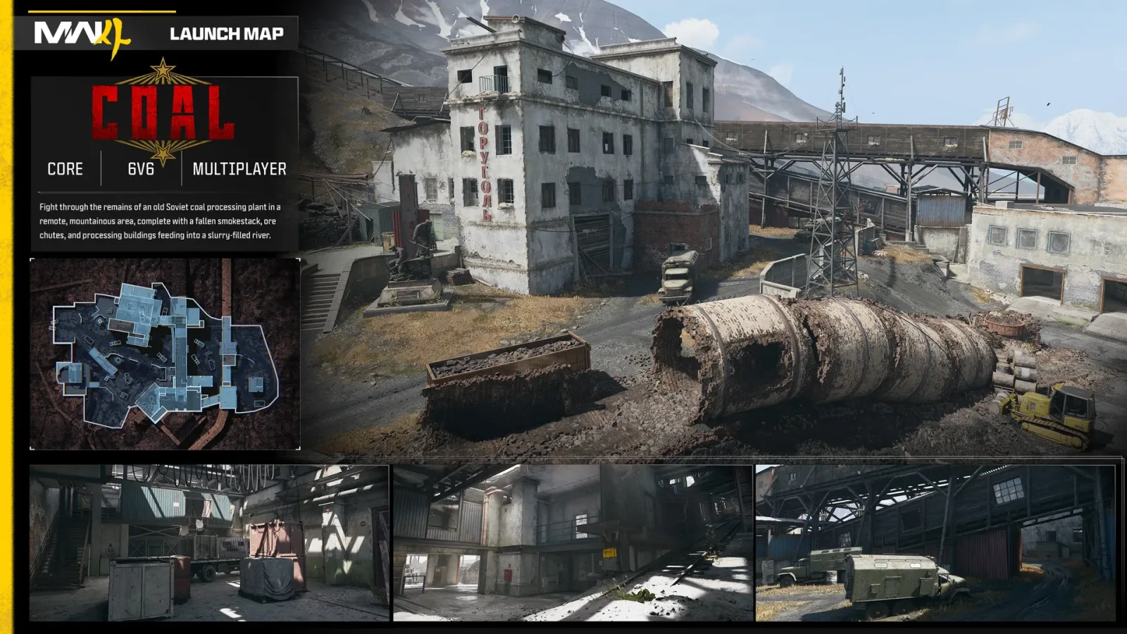 Official Modern Warfare 4 launch map card for Coal, a Core 6v6 map set in an old Soviet coal processing plant, with an overhead layout and three interior shots
