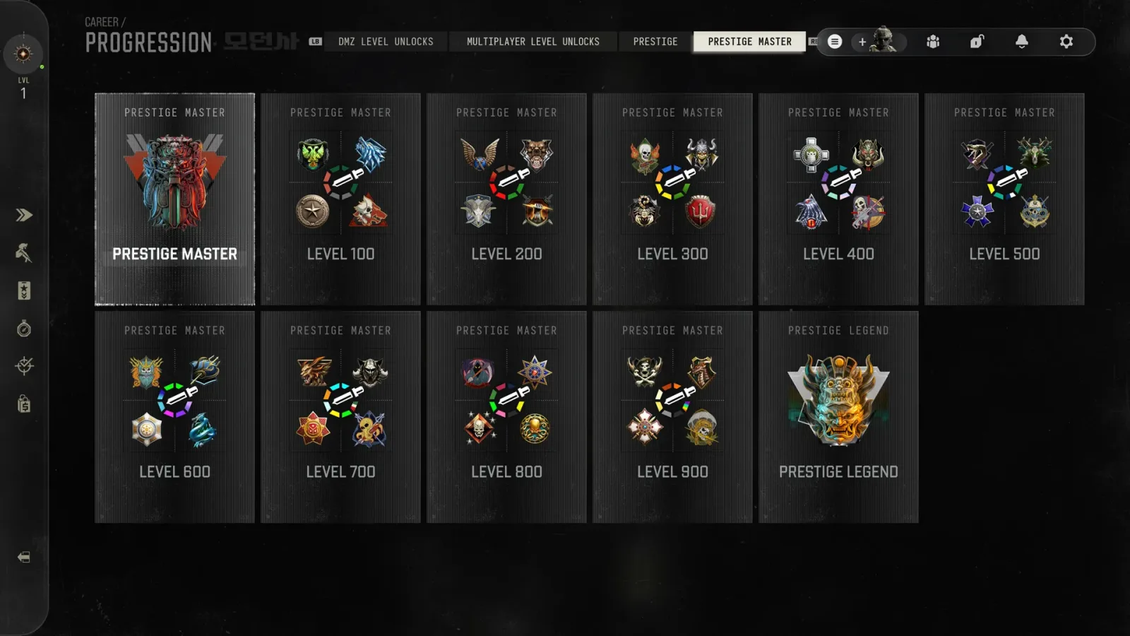 Modern Warfare 4 Prestige Master progression screen showing reward icons at Levels 100 to 900 and the Prestige Legend icon