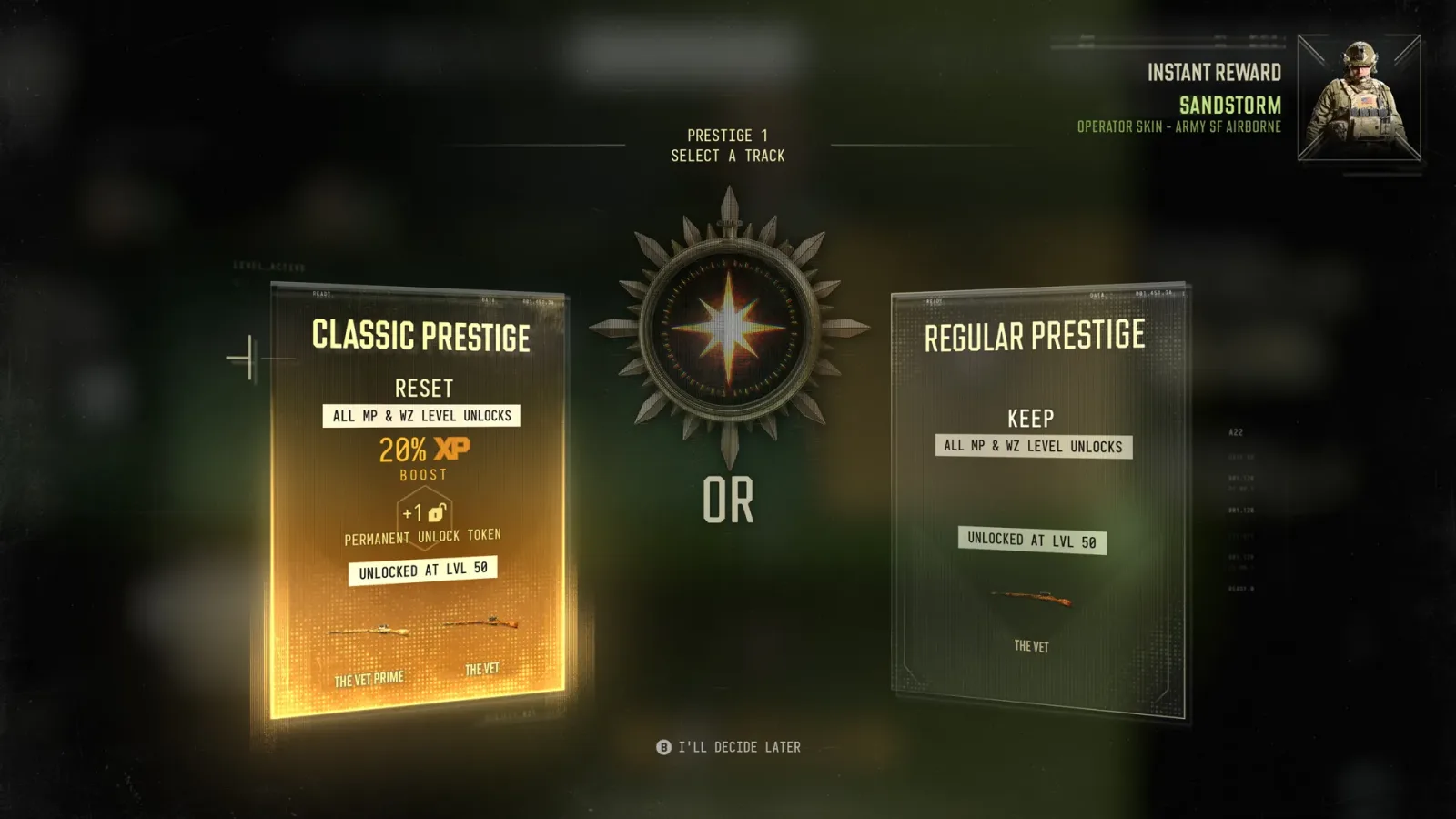 MW4 Prestige 1 selection screen comparing Classic Prestige, which resets unlocks for a 20% XP boost, with Regular Prestige
