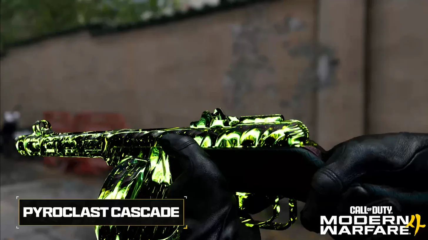 Pyroclast Cascade prestige mastery camo on a submachine gun, bright green and black, with its name card on screen