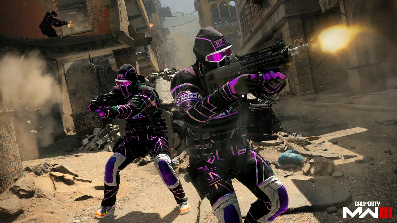 Two Modern Warfare III operators in purple Ranked Play outfits firing down a ruined street