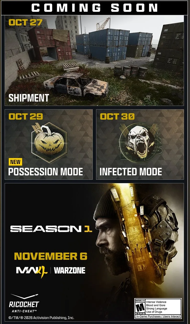 Modern Warfare 4 roadmap Coming Soon panel listing Shipment on October 27, Possession on October 29, Infected on October 30 and Season 1 on November 6