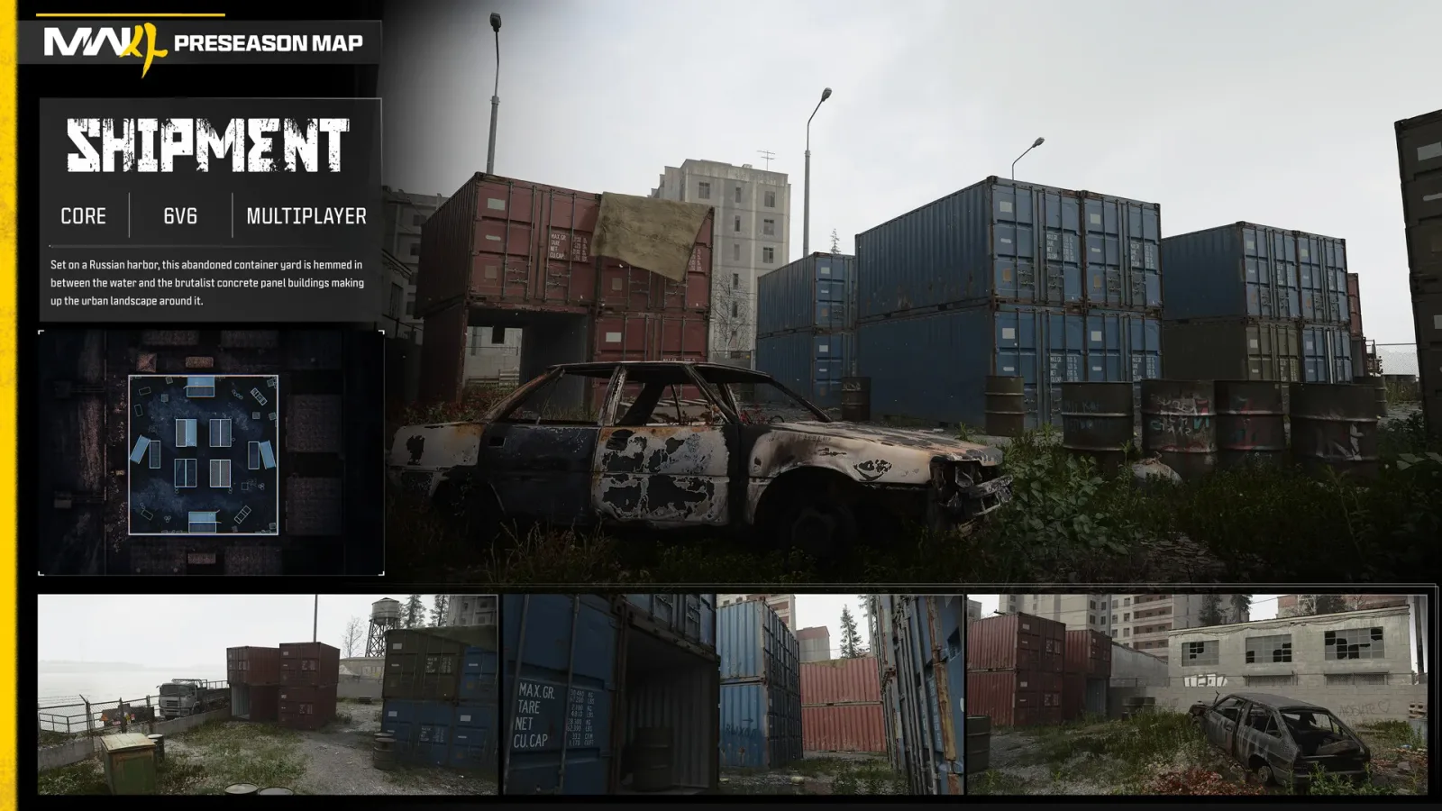 Shipment map in Modern Warfare 4 with shipping containers on a Russian harbor