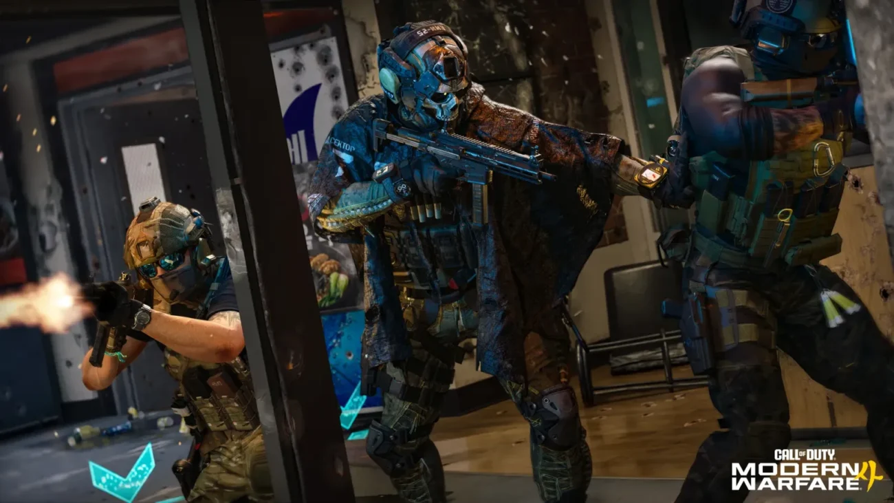 Modern Warfare 4 squad clearing a room behind a skull-masked operator