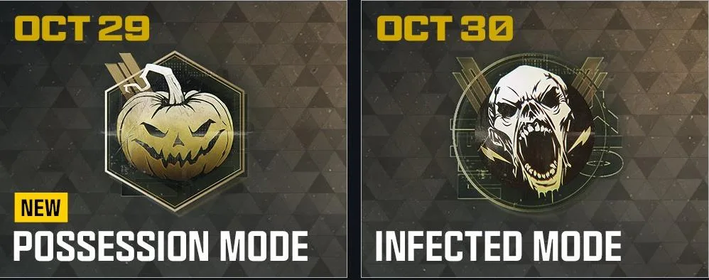 Roadmap tiles for MW4: Possession Mode marked New on October 29 with a pumpkin icon, and Infected Mode on October 30 with a skull icon