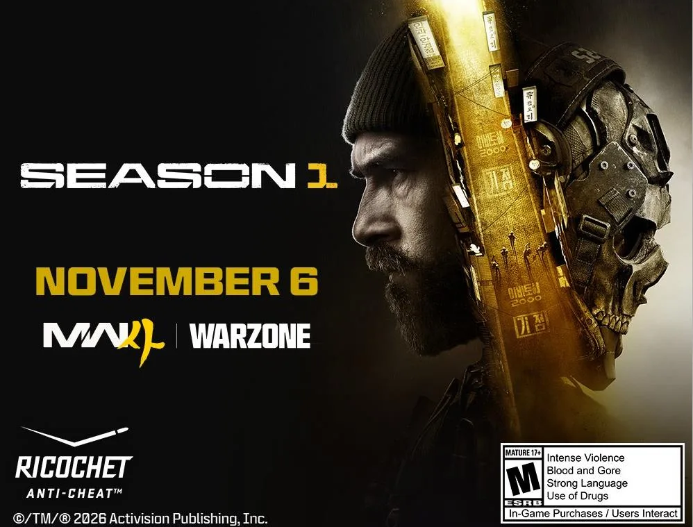 MW4 roadmap tile reading Season 1, November 6, MW4 and Warzone, with an operator in a beanie and a skull mask