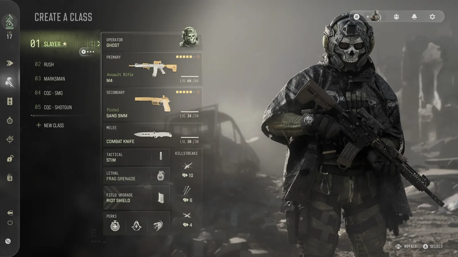 MW4 Create-a-Class loadout with three killstreak slots costing 10, 6 and 4 kills, next to the primary, secondary, equipment and perk slots