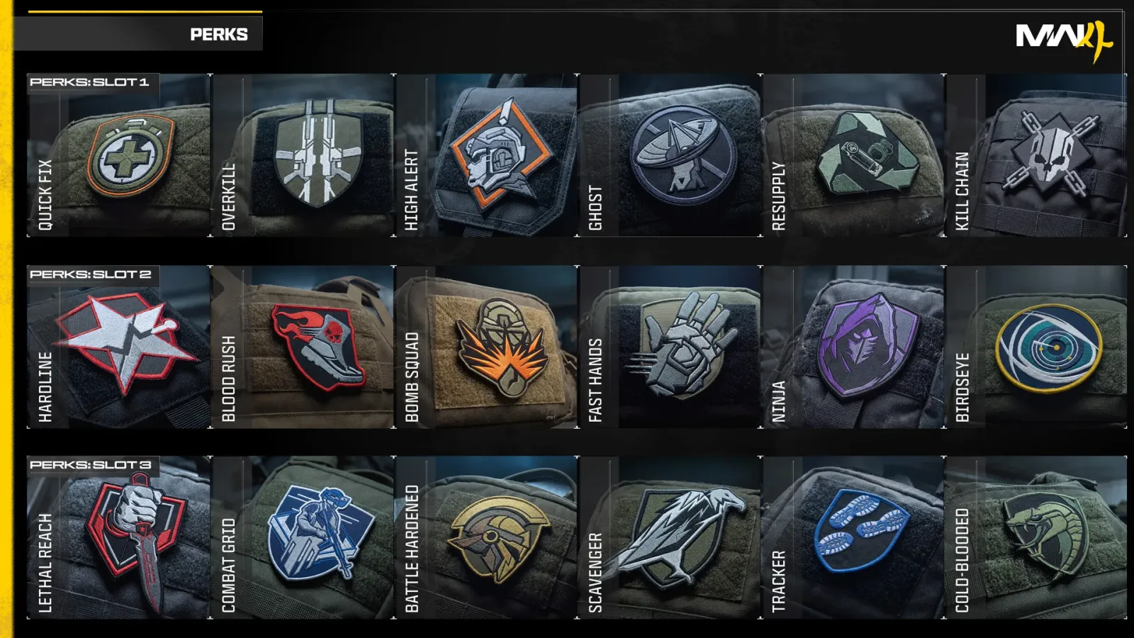 Official MW4 perk chart with all 18 perks in three slots, including Hardline in Slot 2 and Kill Chain in Slot 1