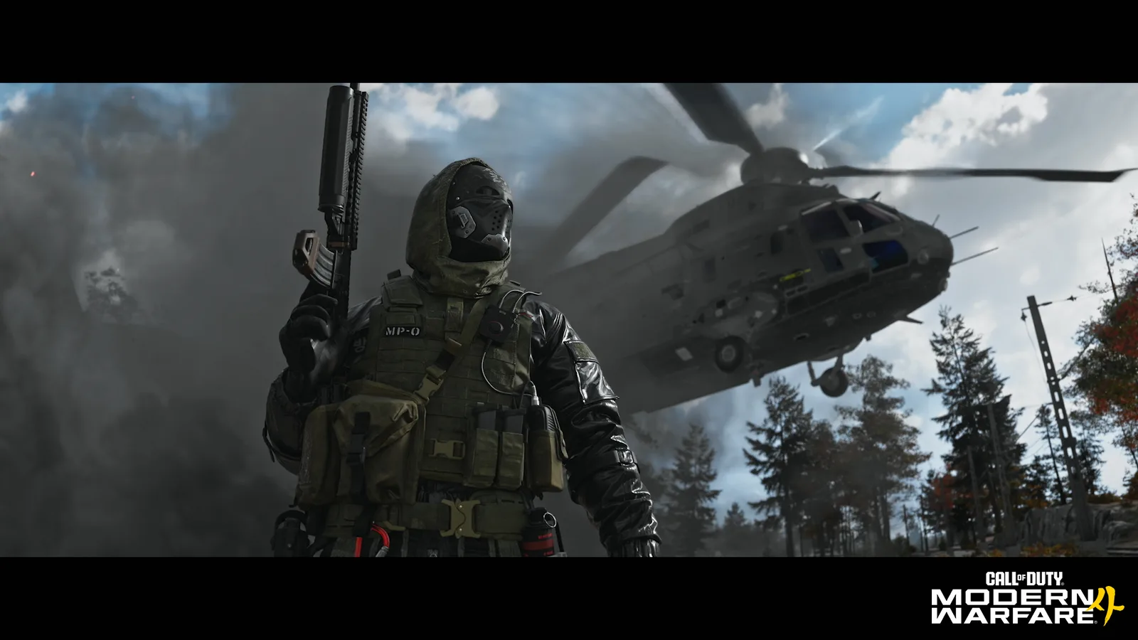 Modern Warfare 4 operator in a hooded mask and tactical vest holding a rifle upright as a helicopter lifts off behind, the image Activision used for its PC preloading section