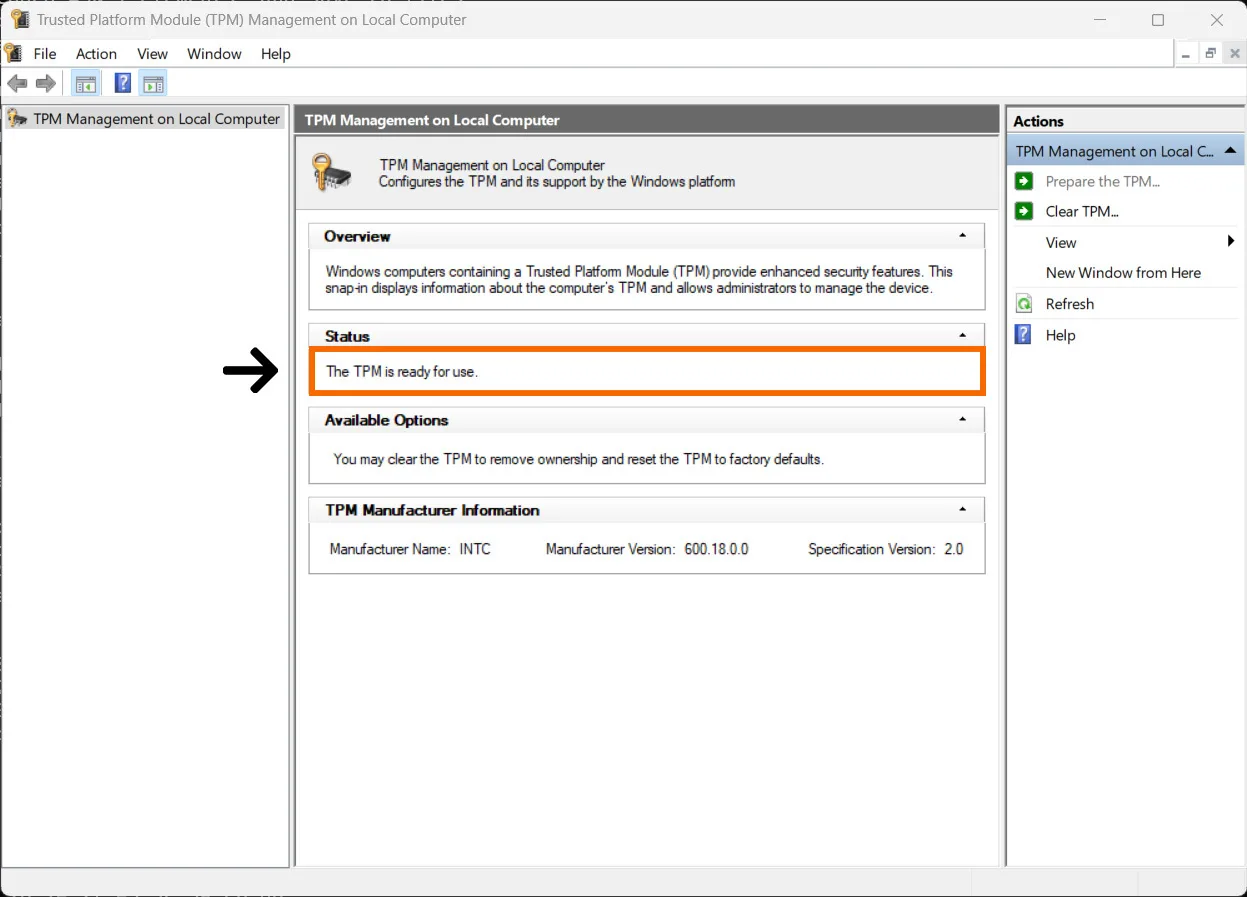 Windows TPM Management window with the Status box highlighted, reading The TPM is ready for use, and Specification Version 2.0 at the bottom