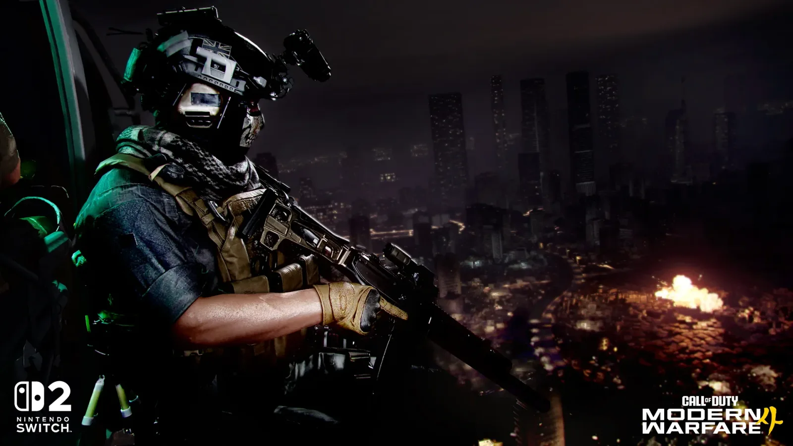 Operator in a helicopter doorway over a burning city at night in Modern Warfare 4