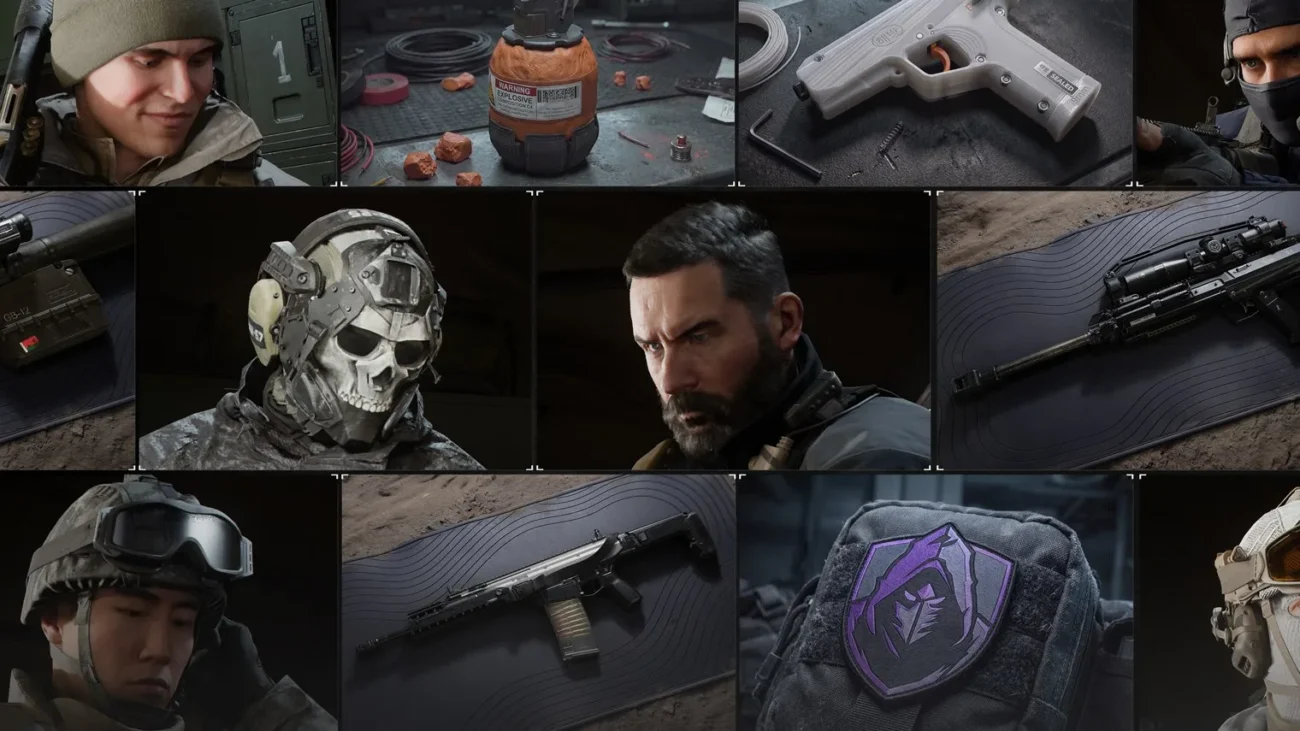 Modern Warfare 4 operators and launch weapons laid out on mats, including a sniper rifle, a shotgun and a C4 charge