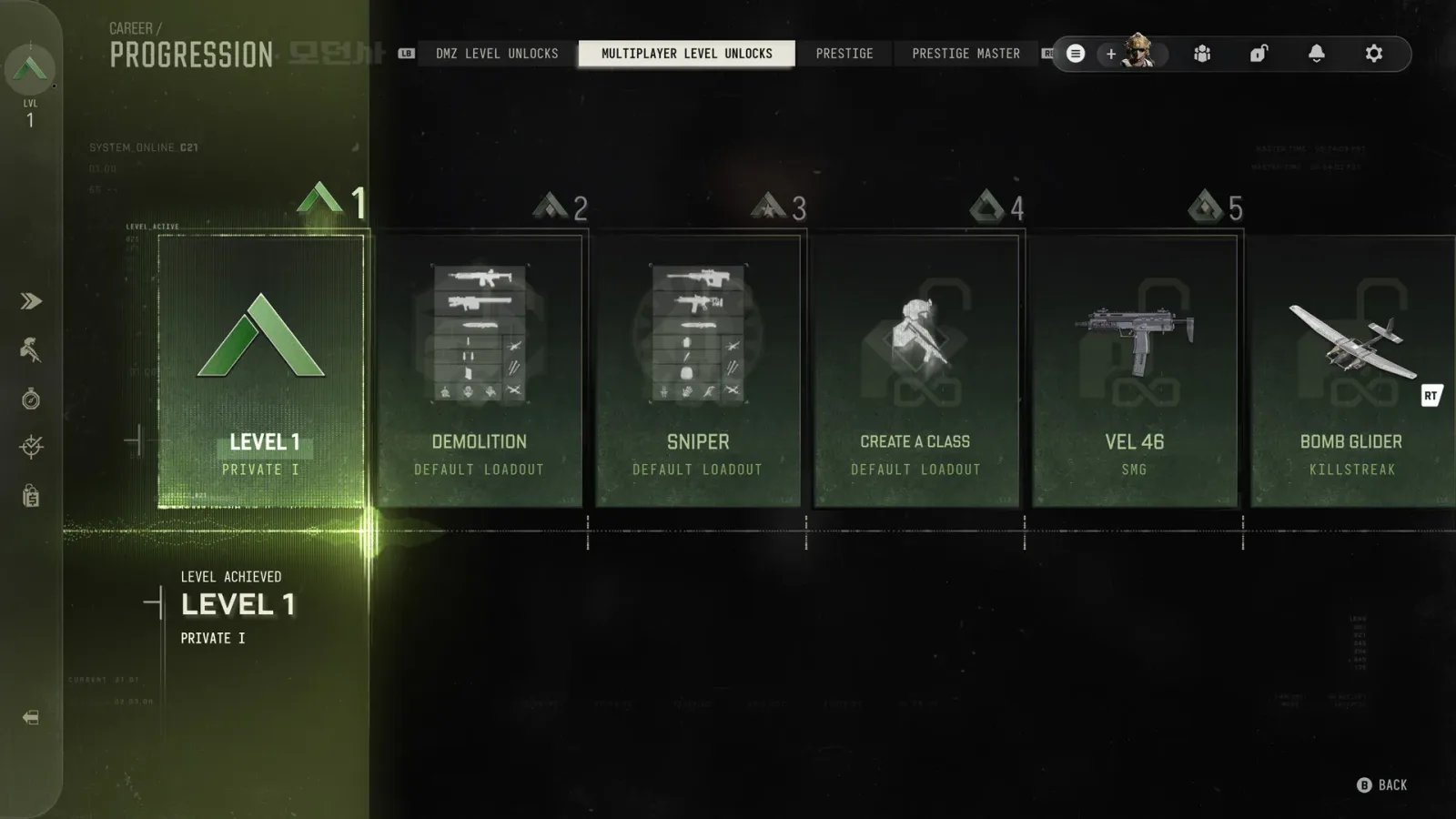 MW4 Career Progression menu on the Multiplayer Level Unlocks tab, showing Level 1 Private I, Demolition and Sniper default loadouts, Create a Class at Level 4, the VEL 46 SMG at Level 5 and the Bomb Glider killstreak