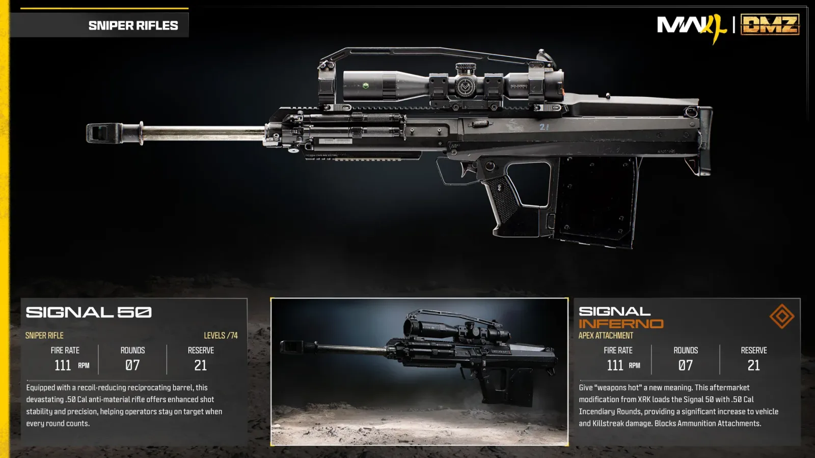 Official MW4 weapon card for the Signal 50 sniper rifle, showing 74 weapon levels and its Apex Attachment, the Signal Inferno