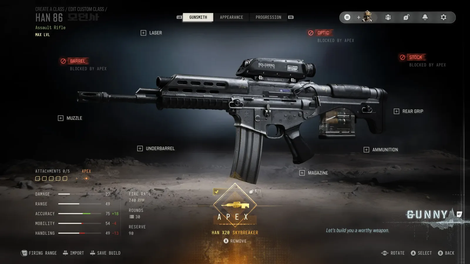 MW4 Gunsmith screen for a max-level Han 86 with the Han X20 Skybreaker Apex Attachment equipped, blocking the Barrel, Optic and Stock slots