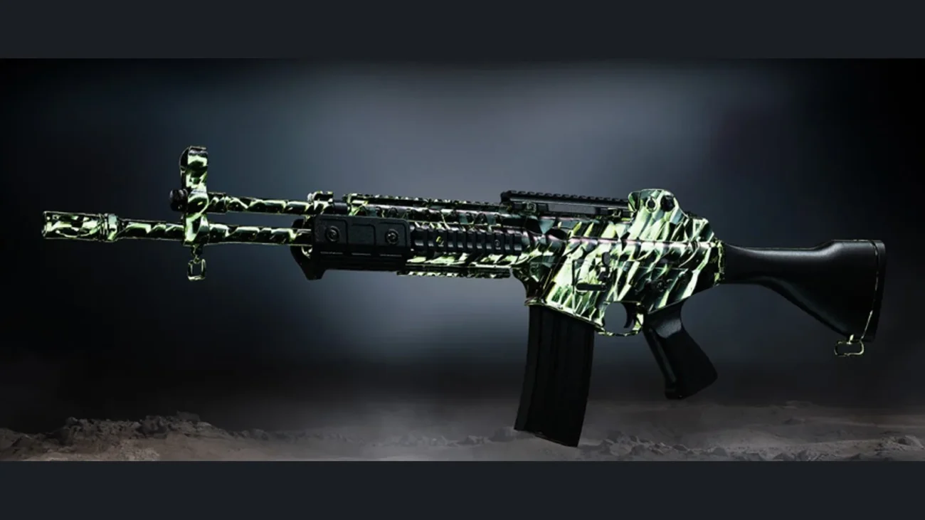 Han 86 assault rifle wearing the green and black Pyroclast Cascade camo, floating over a dusty ground against a dark backdrop
