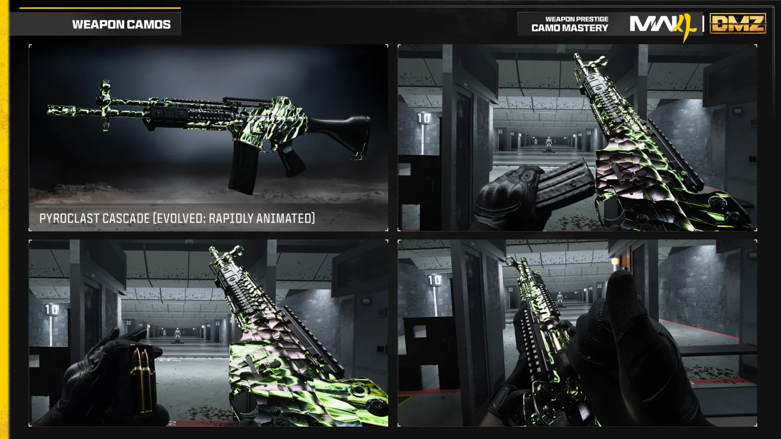 Activision preview of Pyroclast Cascade on a Han 86: bright green and black animated pattern covering the rifle, shown from the side and in first person