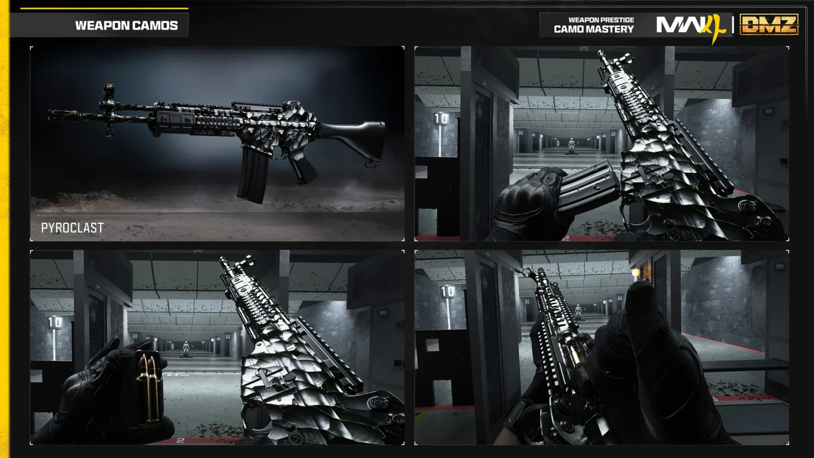 Activision preview of the Pyroclast camo on a Han 86 assault rifle: black metal with thin green cracks, shown from the side and in first person at a firing range