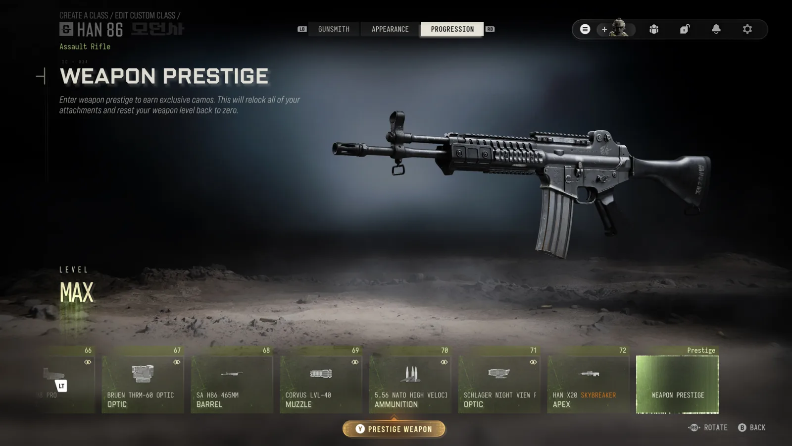 Modern Warfare 4 Gunsmith Progression tab for the Han 86 at MAX level, with a Weapon Prestige tile after the Level 72 Apex attachment and a Prestige Weapon button