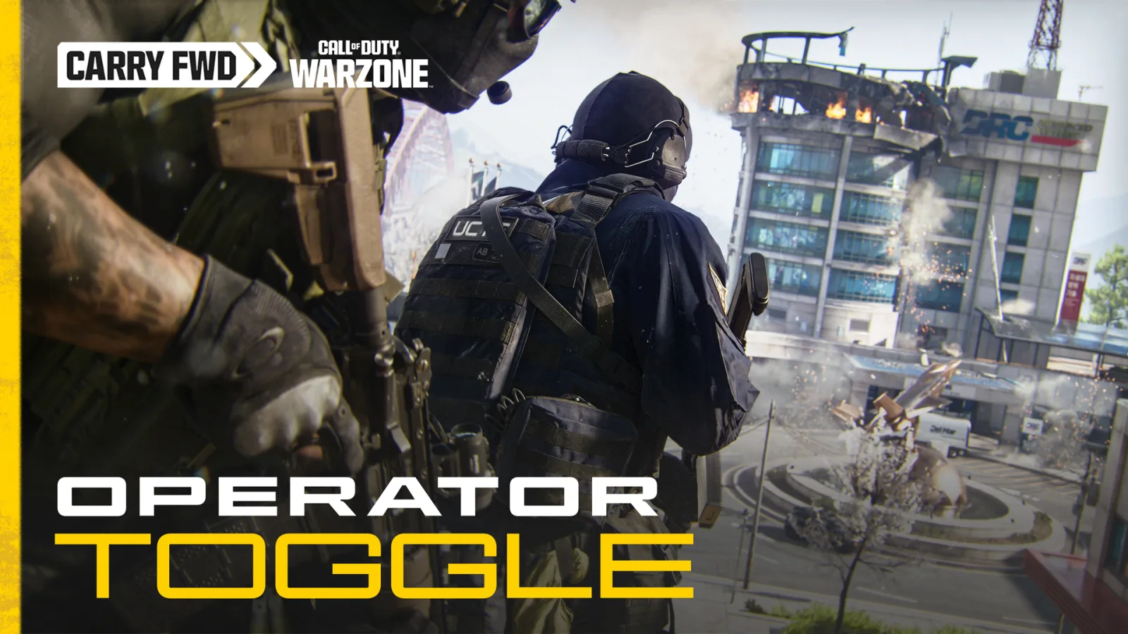 Two operators overlooking a damaged industrial complex under the words Operator Skin Toggle