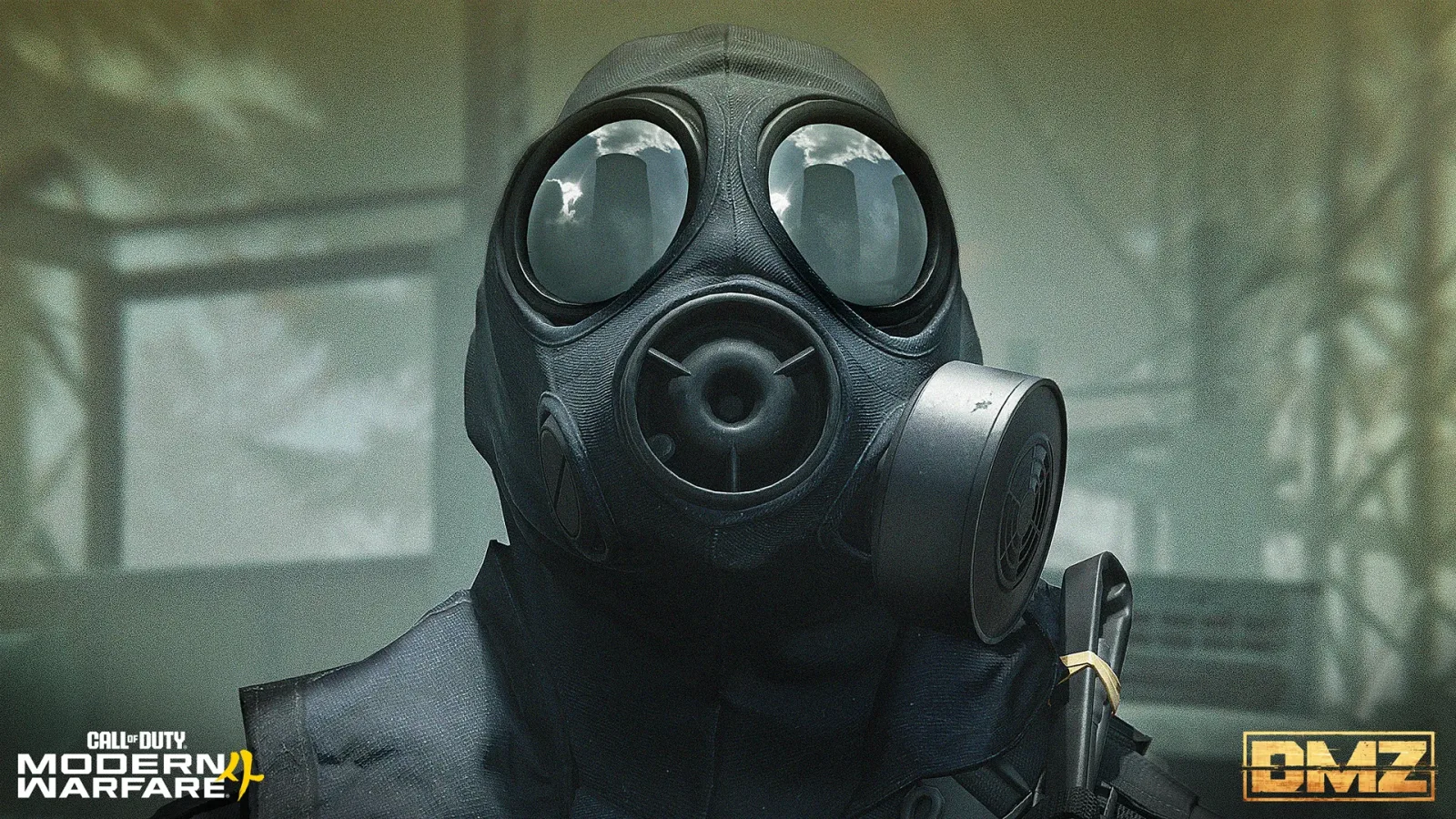 Close-up of a DMZ operator in a black gas mask with the Modern Warfare 4 and DMZ logos