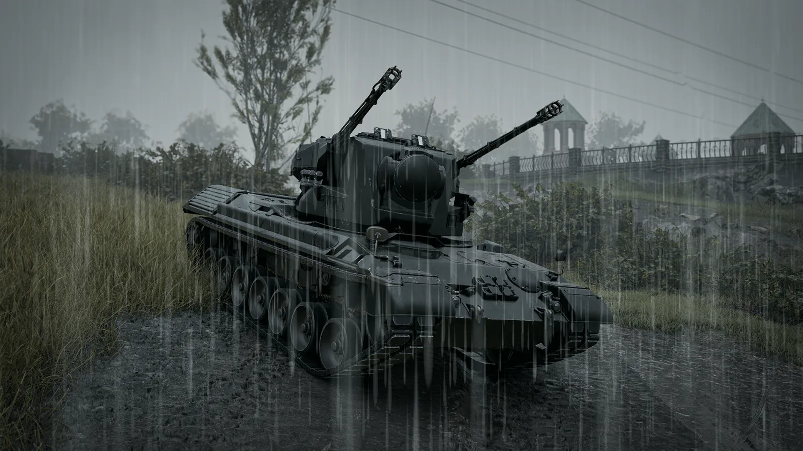 Flakpanzer Gepard anti-air tank with twin cannons parked in tall grass in Wardogs