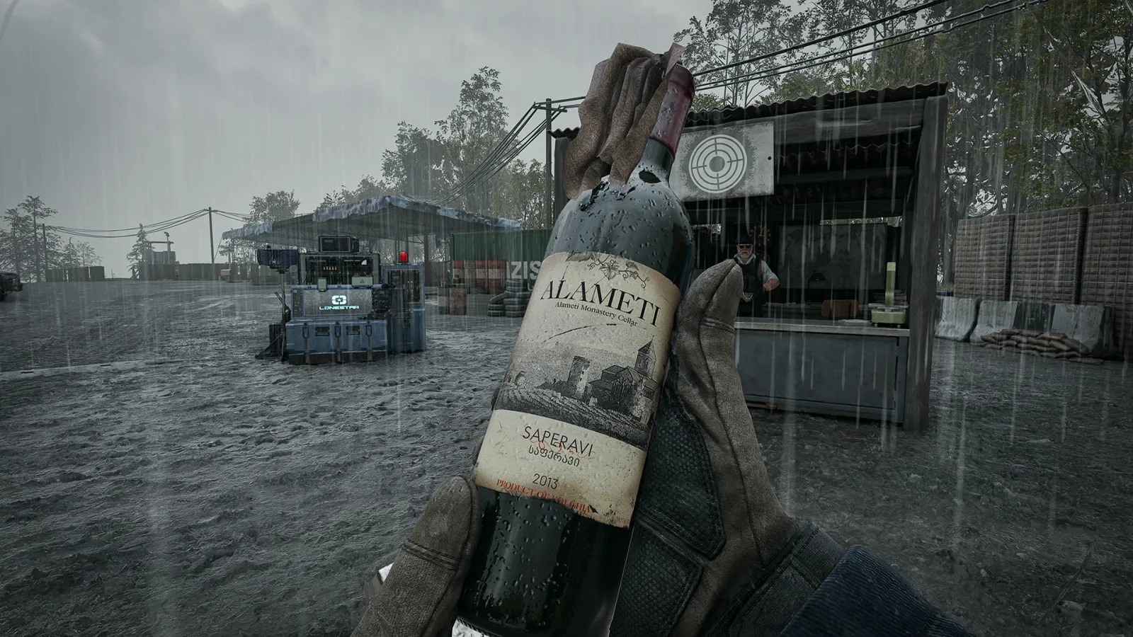 First-person view of a Molotov cocktail bottle held in the rain in Wardogs Season 2