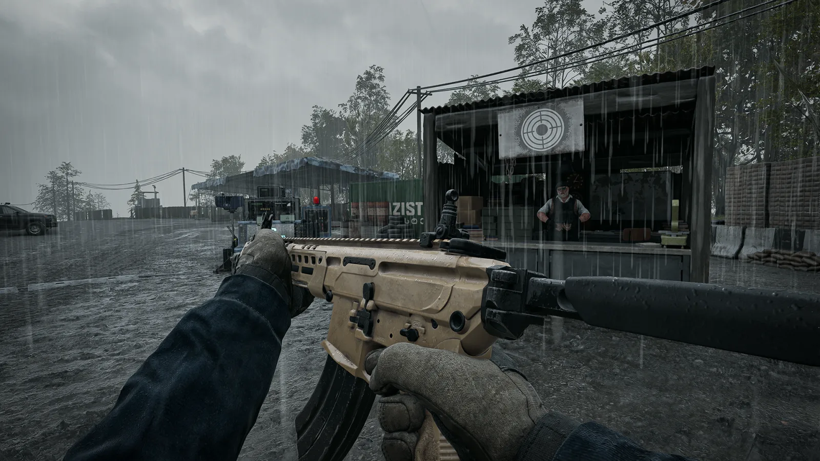 First-person view of a new tan Season 2 rifle held in the rain next to a Wardogs vendor stall